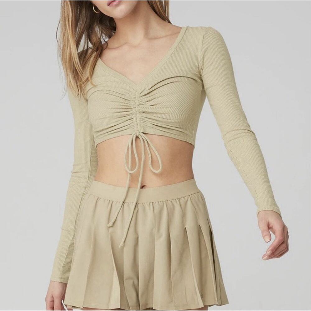Alo Yoga Ribbed Cinched Cropped Long Sleeve Top S California Sand Tan Athleisure